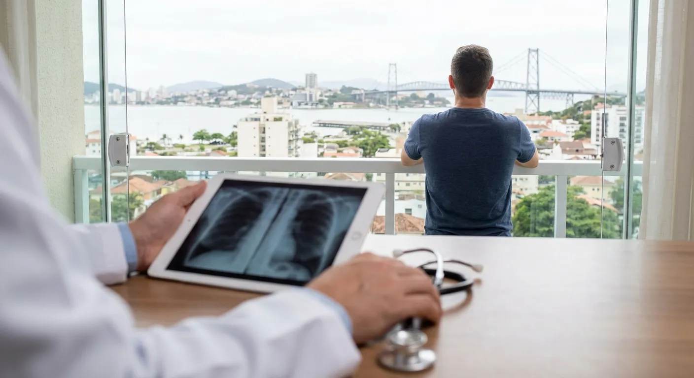 Confira os 3 Melhores Pneumologistas de Florianópolis Homem olhando a paisagem da cidade enquanto médico analisa radiografia em tablet.
