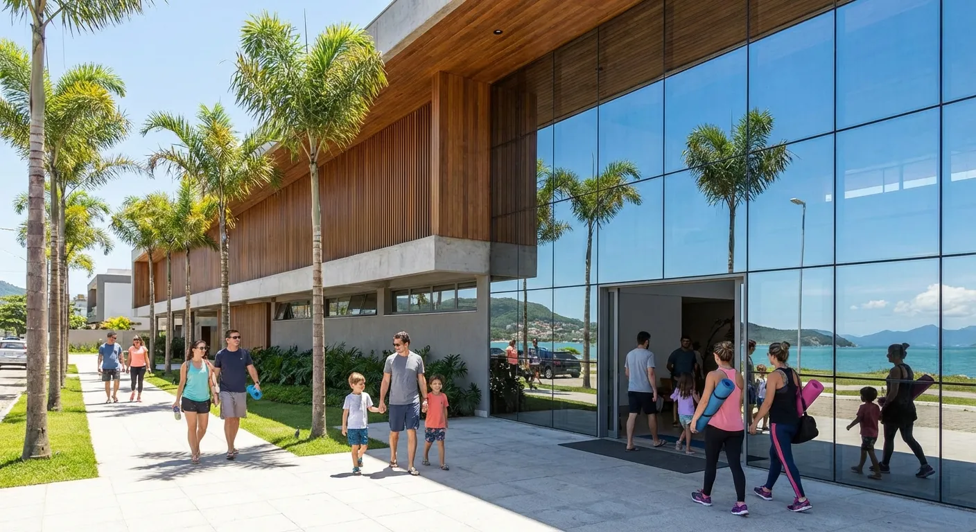 Confira os 3 SESC de Florianópolis Pessoas caminhando em frente a um edifício moderno com grandes janelas e palmeiras ao redor, vista para o mar.