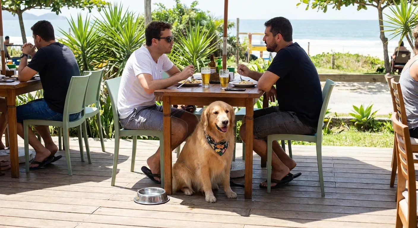 Confira os 4 Restaurantes Pet Friendly em Florianópolis Dois homens sentados em mesas de madeira, um cachorro golden retriever sentado no chão entre eles.