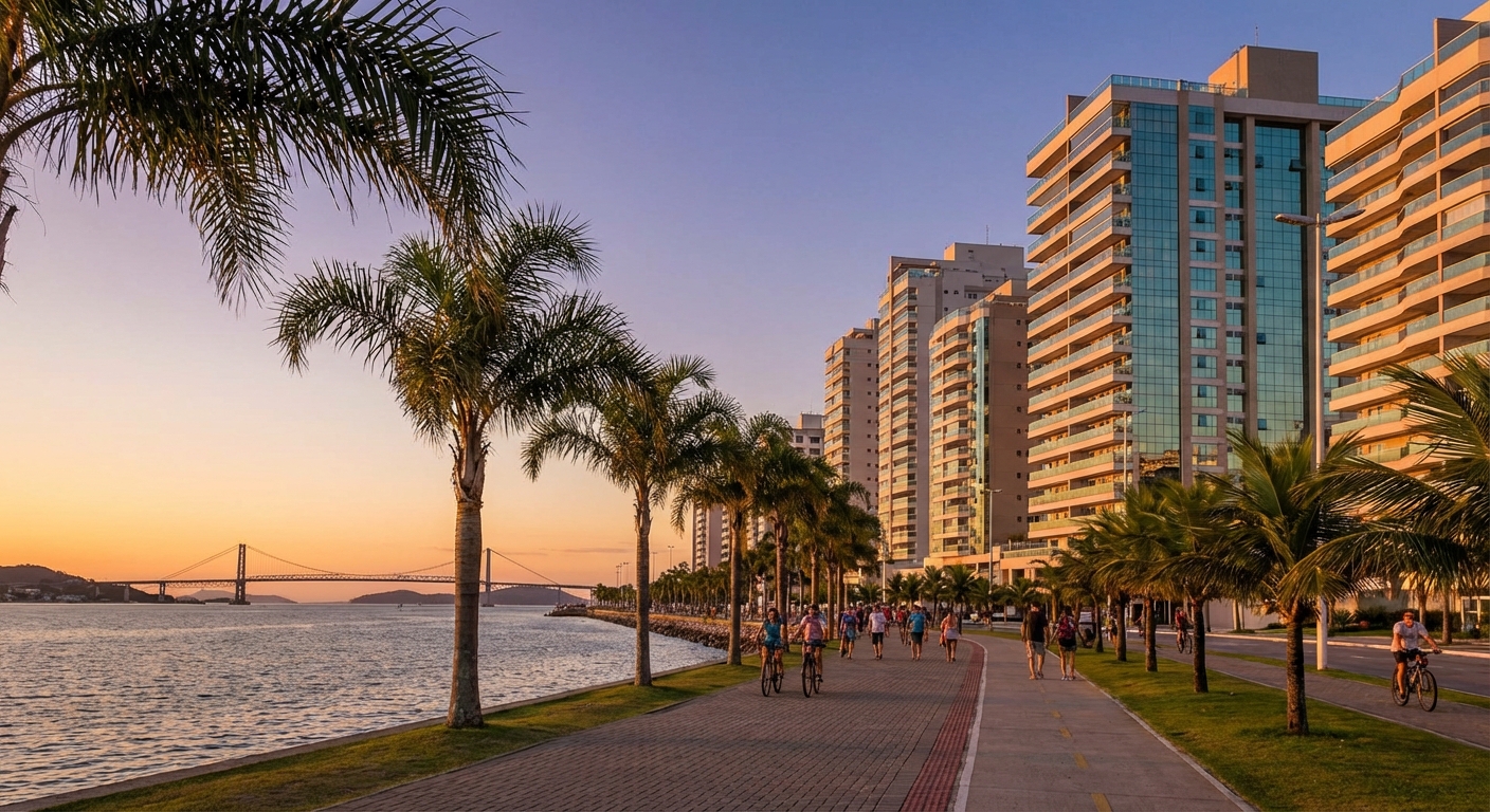 Avenida à beira-mar com palmeiras, ciclistas e prédios altos ao fundo durante o pôr do sol em Florianópolis.