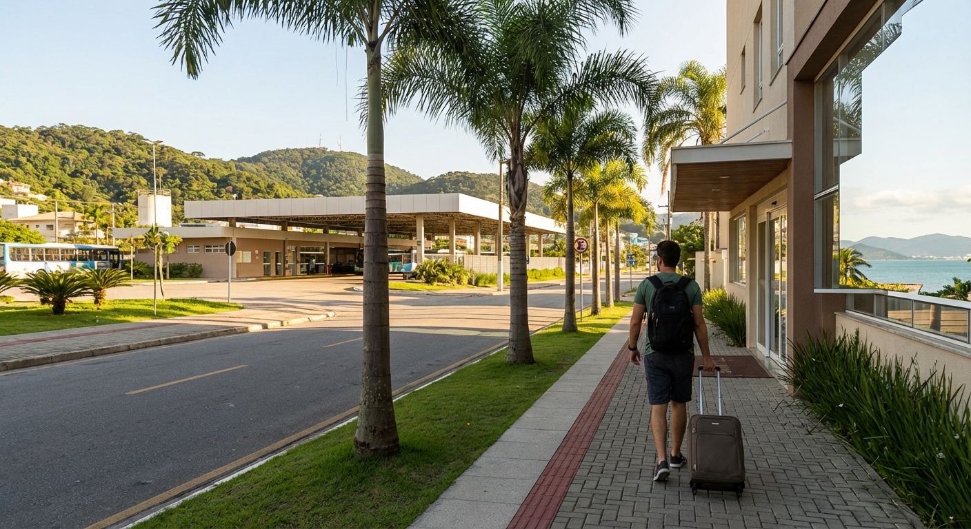 Homem caminhando com mala em calçada, palmeiras e rodoviária ao fundo em Florianópolis.