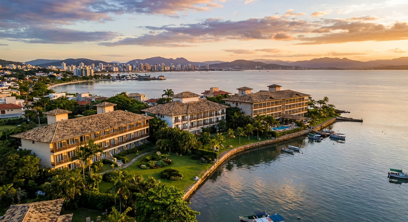 Vista aérea de hotéis à beira-mar em Cacupé, com montanhas ao fundo e barcos ancorados.