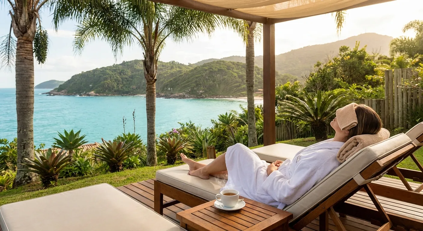 Descubra os 3 Melhores SPAs em Florianópolis Mulher relaxando em espreguiçadeira com vista para o mar e montanhas, cercada por palmeiras.
