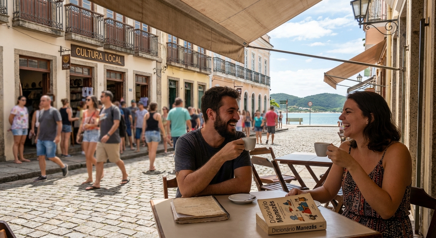 Casal sorridente tomando café em mesa de madeira, com lojas e pessoas ao fundo em rua de Florianópolis.