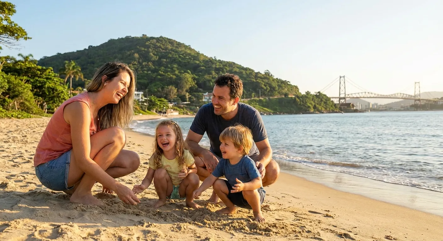 O Que Fazer com Crianças em Florianópolis Família brincando na areia da praia, com crianças sorrindo e pais interagindo, ao fundo uma paisagem de montanha.