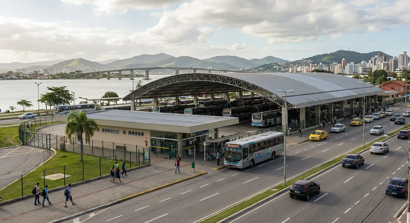 Rodoviária de Florianópolis com ônibus, carros e montanhas ao fundo sob céu nublado.