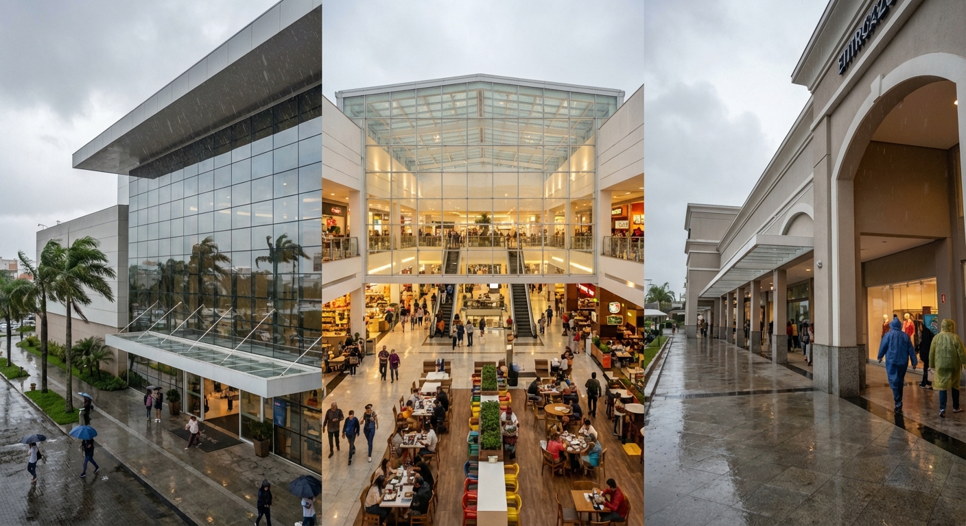 Três ângulos de shoppings em Florianópolis, com arquitetura moderna, pessoas e clima chuvoso.