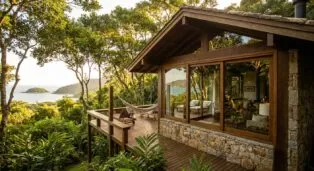 Chalé de madeira com vista para o mar, cercado por árvores e vegetação, varanda com rede e móveis de madeira.