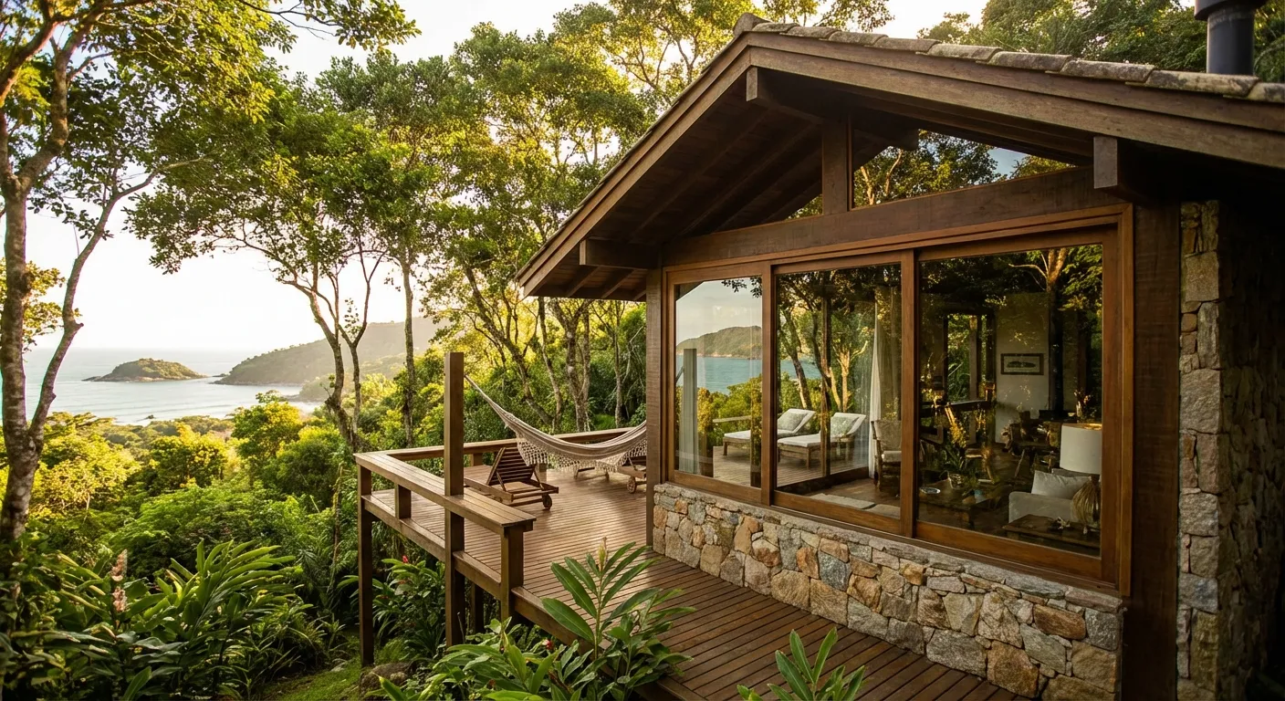 Os Melhores Chalés em Florianópolis: Refúgios Únicos na Ilha da Magia Chalé de madeira com vista para o mar, cercado por árvores e vegetação, varanda com rede e móveis de madeira.