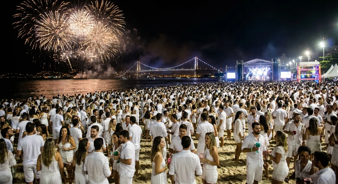 Réveillon em Florianópolis: 5 lugares para virar 2026 Multidão vestida de branco na praia, com fogos de artifício e palco ao fundo durante a virada do ano.