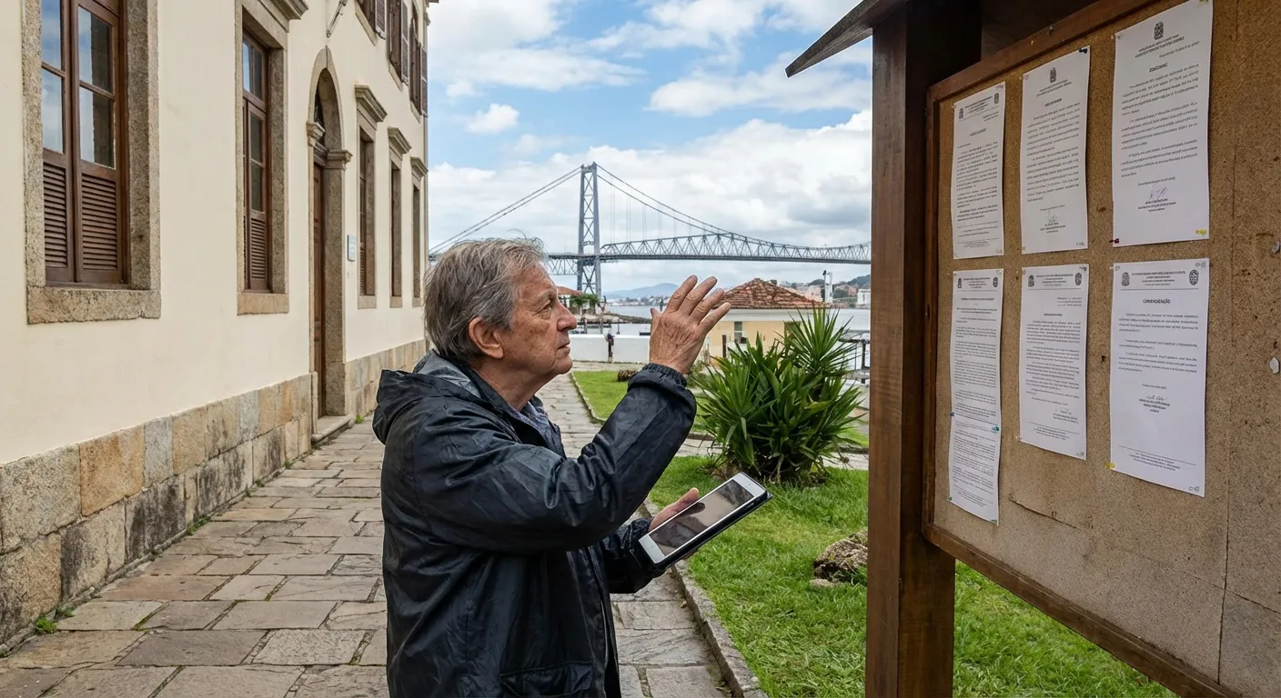 Homem consultando avisos em mural com documentos, ponte ao fundo e céu nublado.