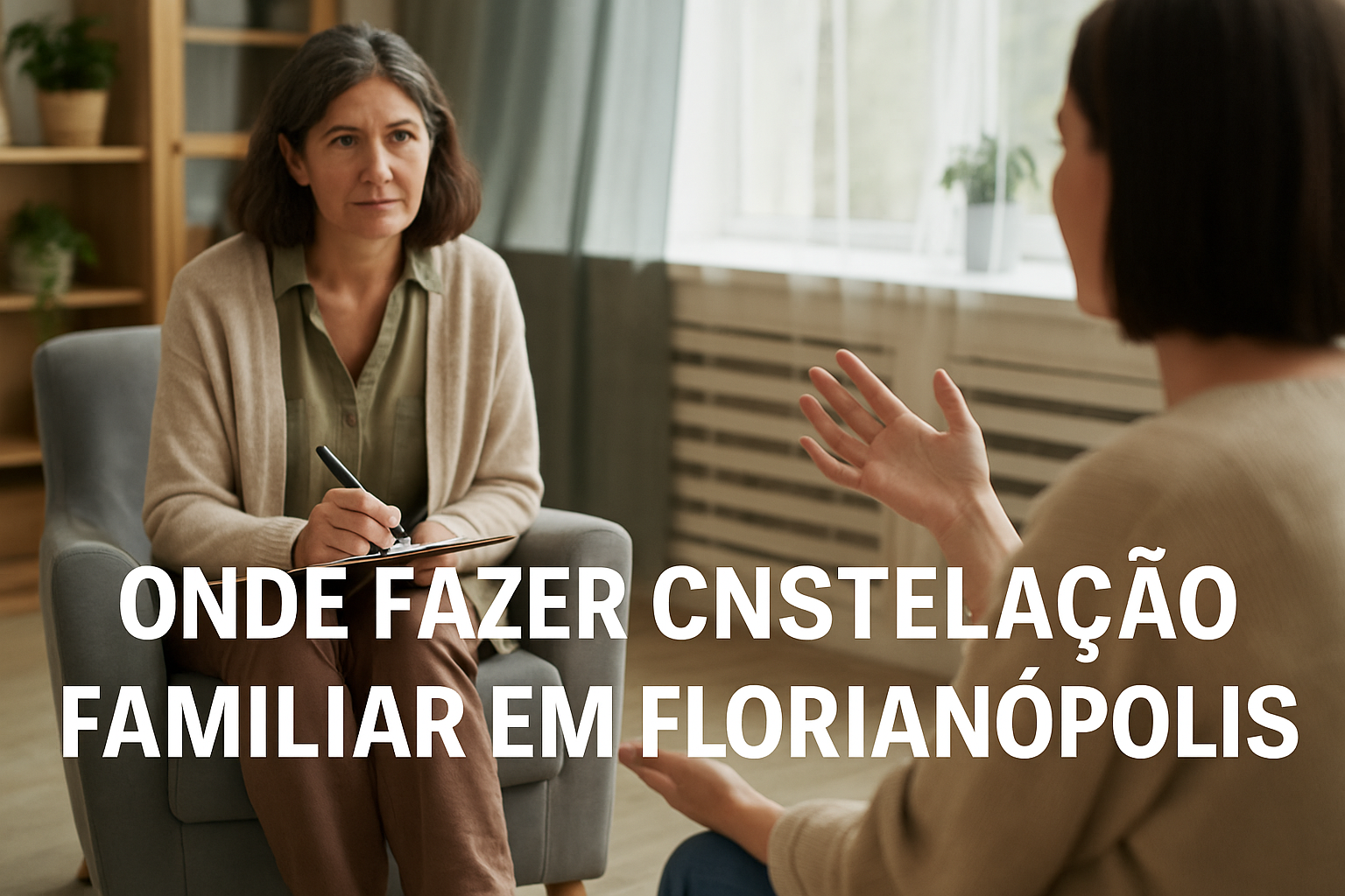 Mulher sentada em sofá, conversando com terapeuta em ambiente acolhedor, com anotações em mãos.