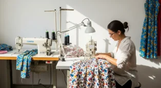 Costureira trabalhando em máquina de costura, com tecido colorido e ambiente iluminado.