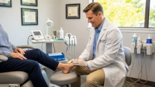 Profissional de podologia atendendo paciente em consultório, com equipamentos médicos ao fundo.