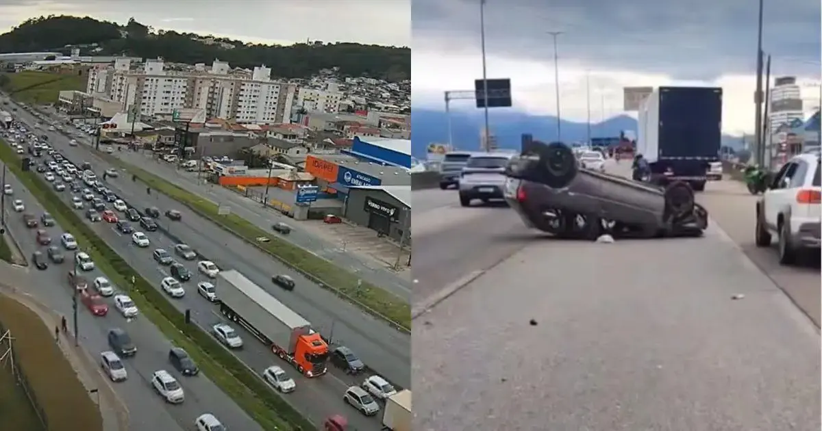 Capotamento provoca congestionamento na BR-101 em Palhoça Foto: Reprodução/ND Mais - Capotamento provoca congestionamento na BR-101 em Palhoça