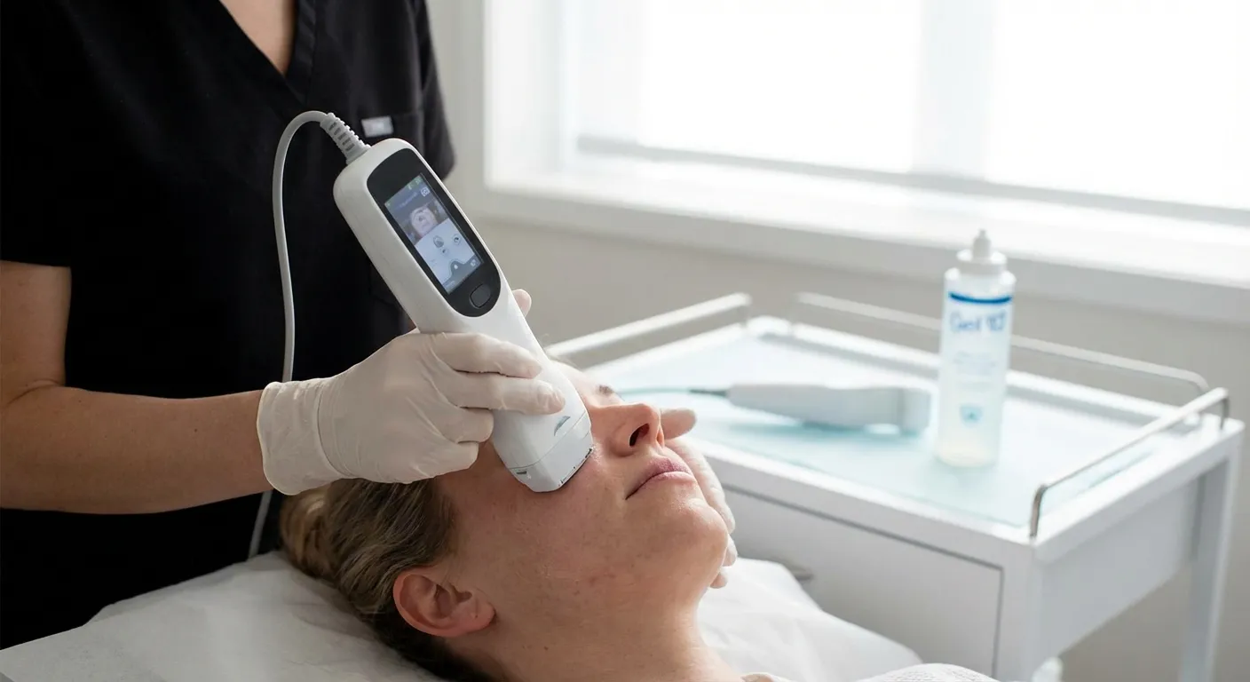 Ultrassom microfocado: o que é, para quem faz sentido e o que esperar do tratamento Profissional aplicando ultrassom microfocado no rosto de uma mulher em ambiente clínico.