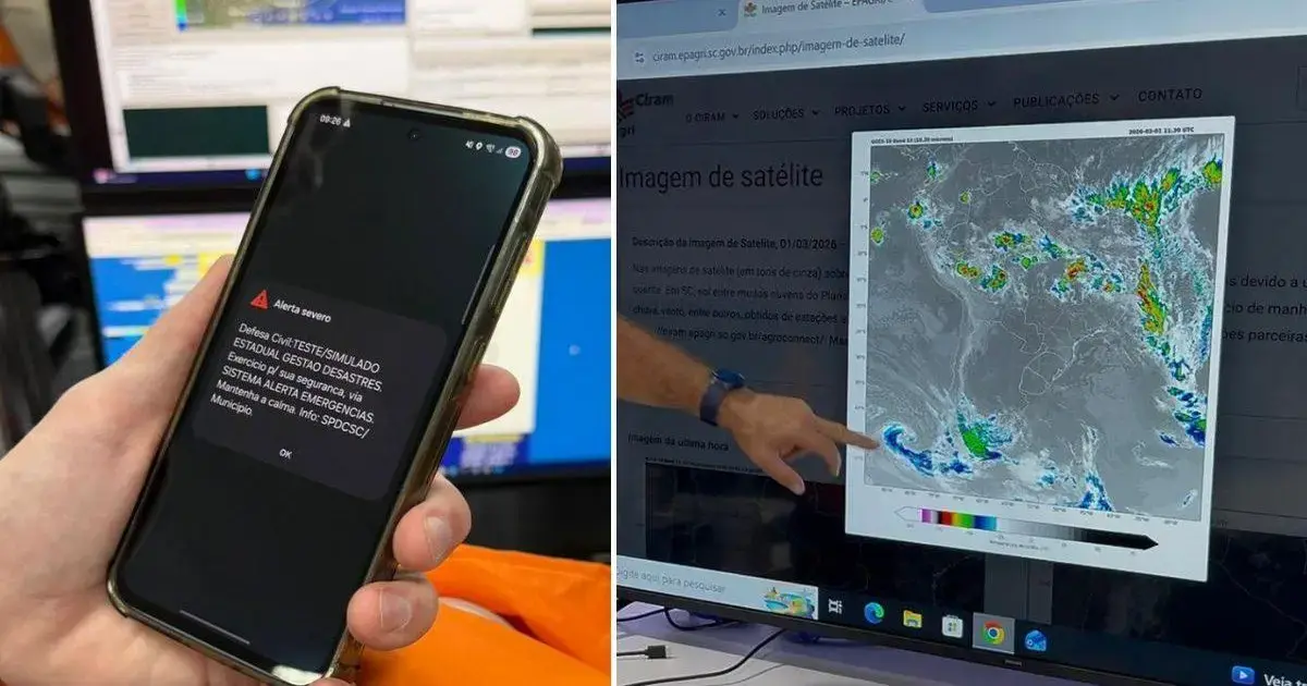 Alerta Emergencial e Simulado de Desastres em Santa Catarina Notificação de alerta severo da Defesa Civil exibida em smartphone, ao lado de tela mostrando imagem de satélite.