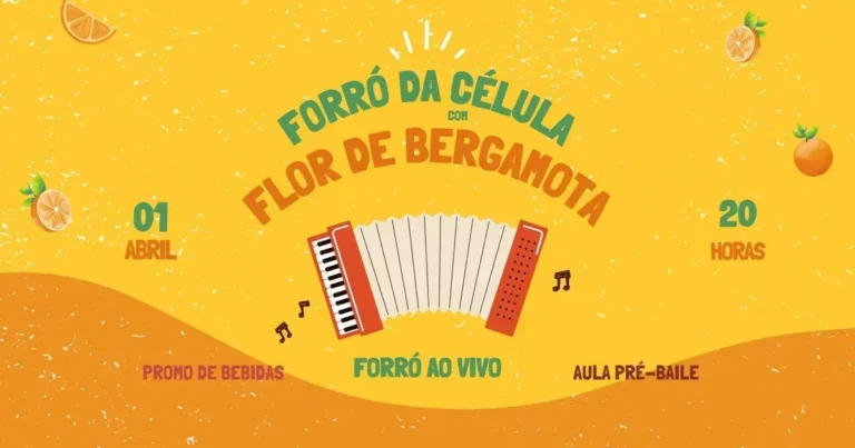 Fundo amarelo com elementos gráficos de citrinos, anunciando evento de forró com data, hora e informações sobre promoções de bebidas.