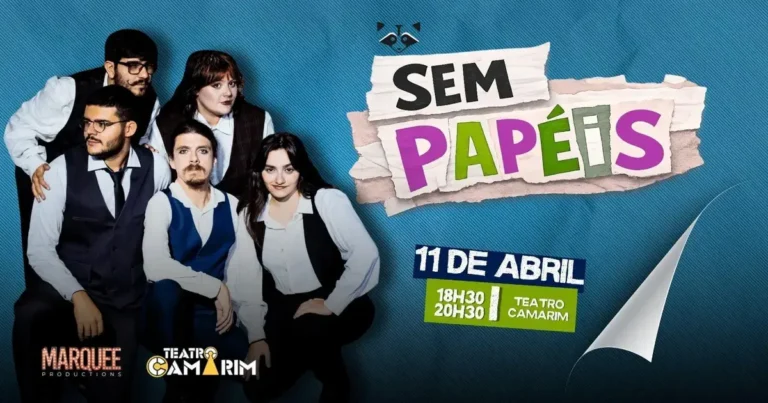 Grupo de cinco pessoas posando em um fundo azul, com o título "SEM PAPÉIS" e informações sobre o evento em abril.