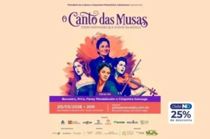 Cartaz do evento "O Canto das Musas", apresentando informações sobre música e compositoras, com data e local do espetáculo.
