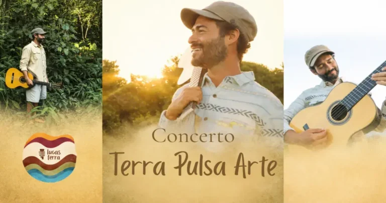 Homem com violão em ambiente natural, com destaque para o texto "Concerto Terra Pulsa Arte" e logotipo.