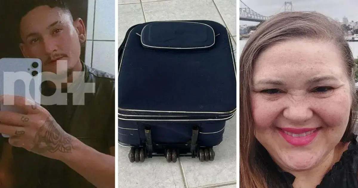 Corpo encontrado em mala em Florianópolis relacionado a crimes semelhantes Um retrato de um homem, uma mala azul com rodinhas e um retrato de uma mulher sorrindo.