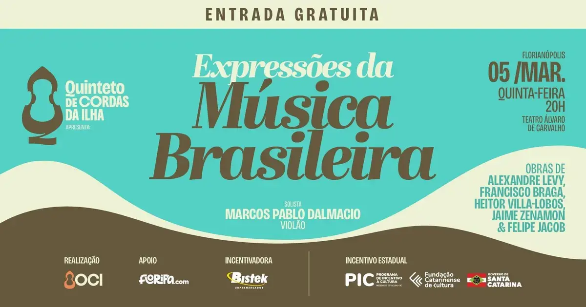 Curso Gratuito para Gestantes e Pais no Floripa Shopping Banner do evento "Expressões da Música Brasileira", com informações sobre data, horário e local, destacando a entrada gratuita.
