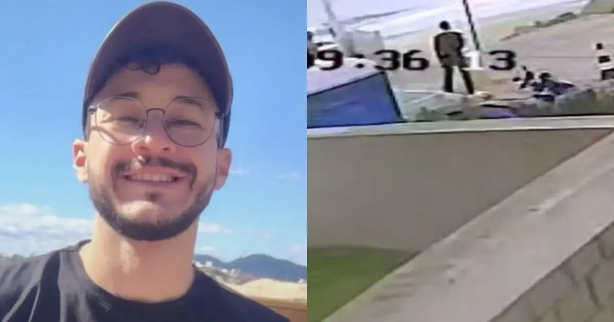 Desaparecimento de Jonathan Manuel Zambrano Acosta em Florianópolis Dois quadros: um retrato de uma pessoa sorrindo com óculos e um vídeo de câmeras de segurança mostrando pessoas em um local à beira-mar.