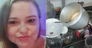 Retrato de uma mulher com cabelo solto, ao lado de uma pia com louça suja, incluindo panelas e copos.