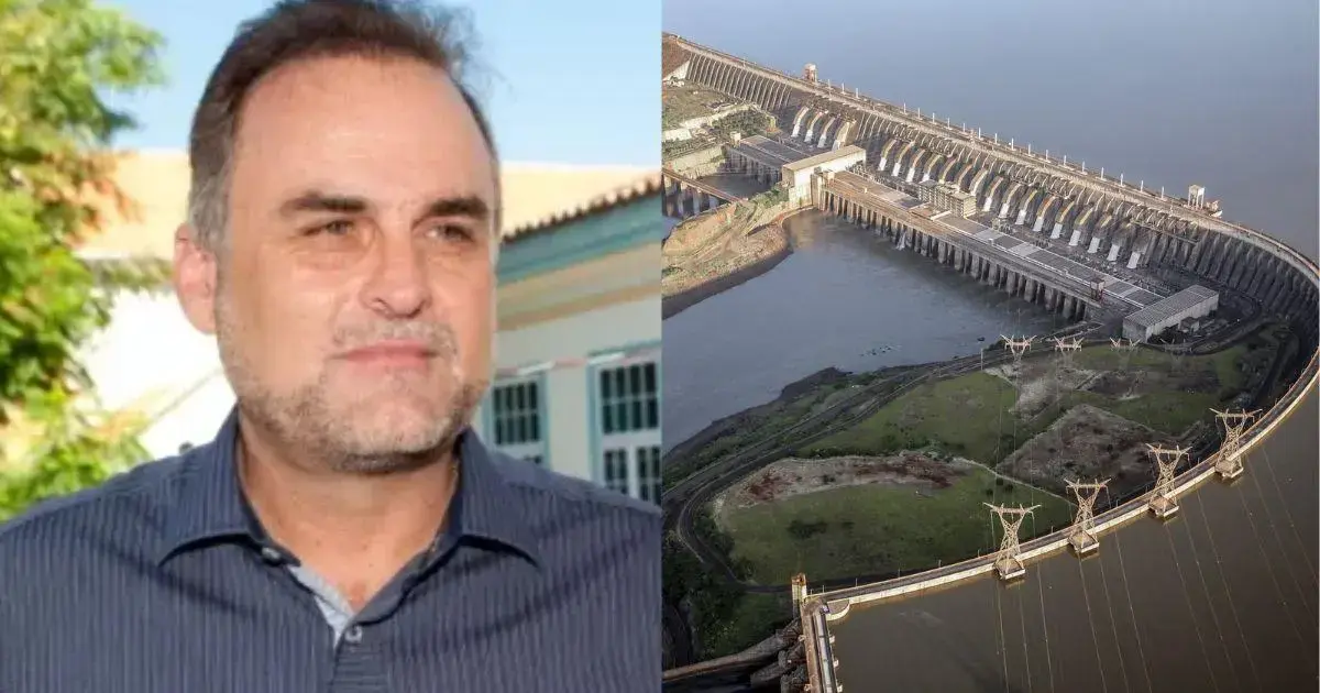 Djalma Berger assume direção da Itaipu Binacional Retrato de um homem ao lado de uma usina hidrelétrica, mostrando a estrutura e os cabos de energia.