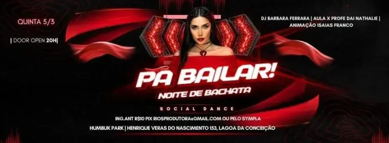 Evento "Pá Bailar! Noite de Bachata" com DJs, aula de dança e informações sobre local e ingressos.