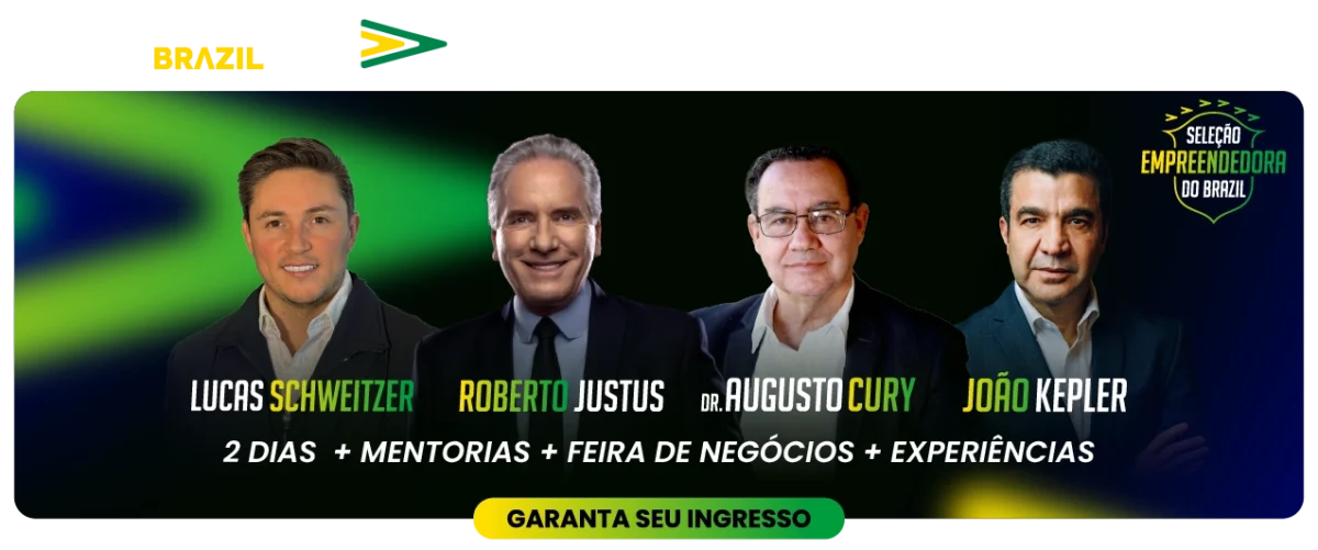 Quatro homens sorrindo em fundo verde e amarelo, promovendo a Empreende Brazil Conference 2026.