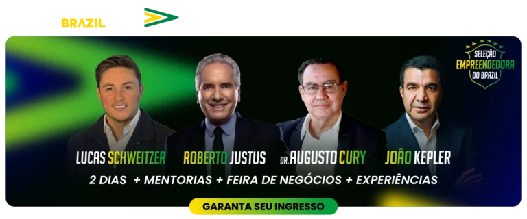 Quatro homens sorrindo em fundo verde e amarelo, promovendo a Empreende Brazil Conference 2026.