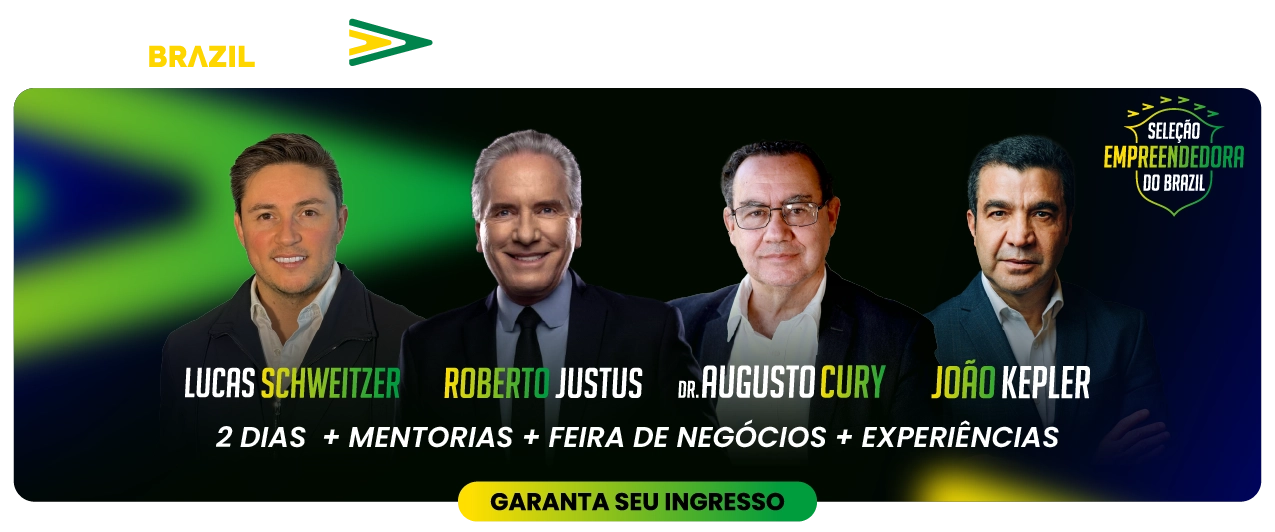 Quatro homens sorrindo em fundo verde e amarelo, promovendo a Empreende Brazil Conference 2026.