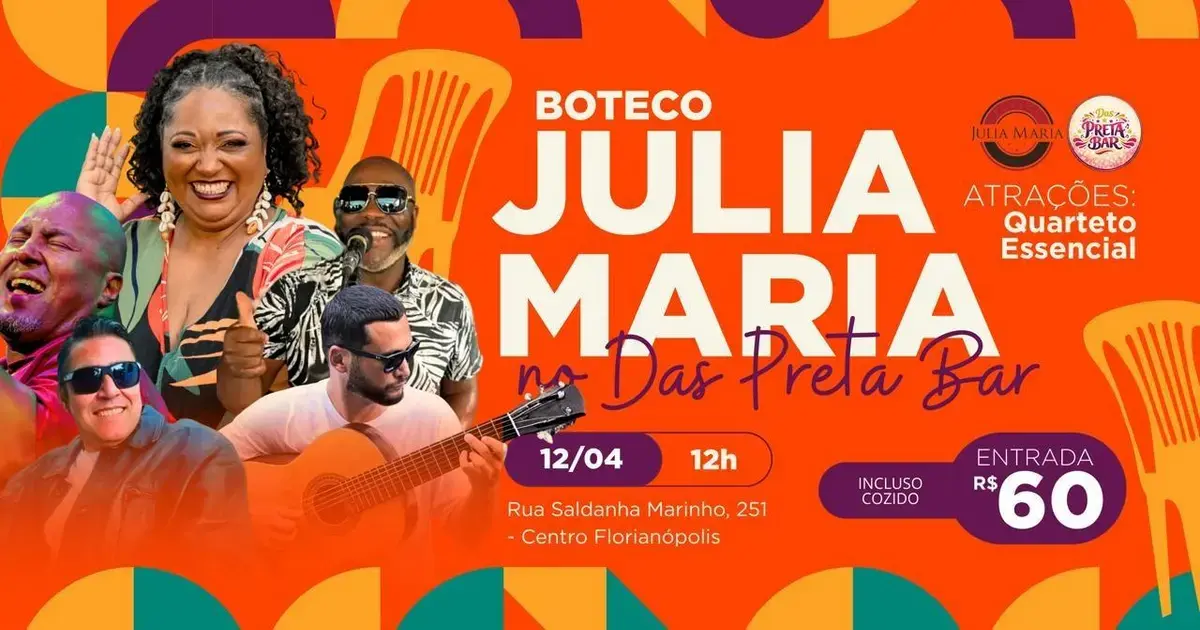 Boteco Julia Maria no Das Preta Bar, com atrações do Quarteto Essencial, datas e horários incluídos, entrada R$ 60, coadipado.