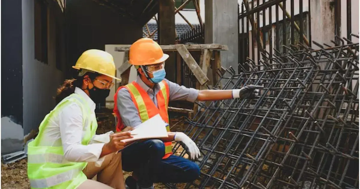 Dois profissionais em um canteiro de obras discutem um projeto, observando uma estrutura de aço em primeiro plano.