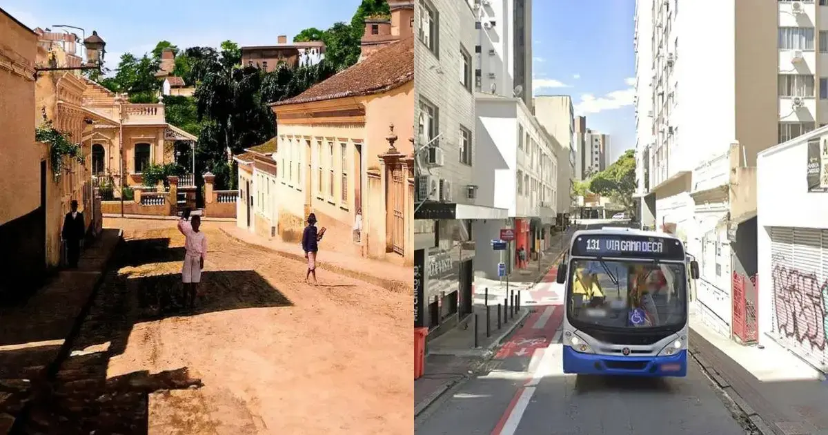 Rua histórica com edificações antigas de um lado e rua moderna com ônibus e prédios do outro.