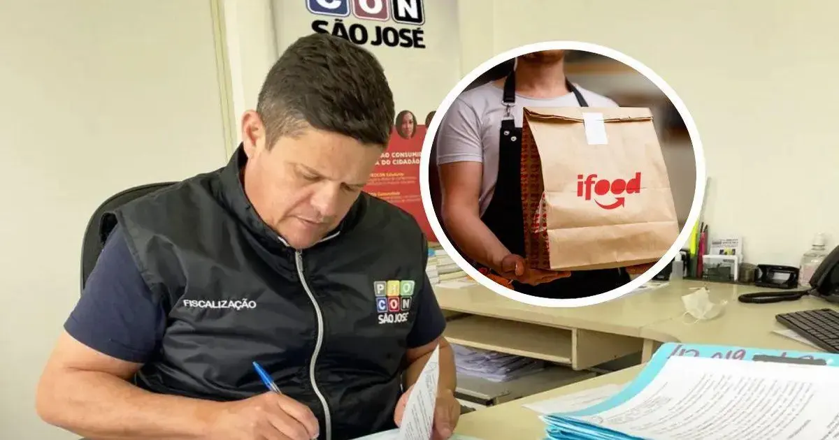 Homem escrevendo em um documento, com logo do Procon ao fundo e uma imagem de um entregador segurando uma sacola do iFood.