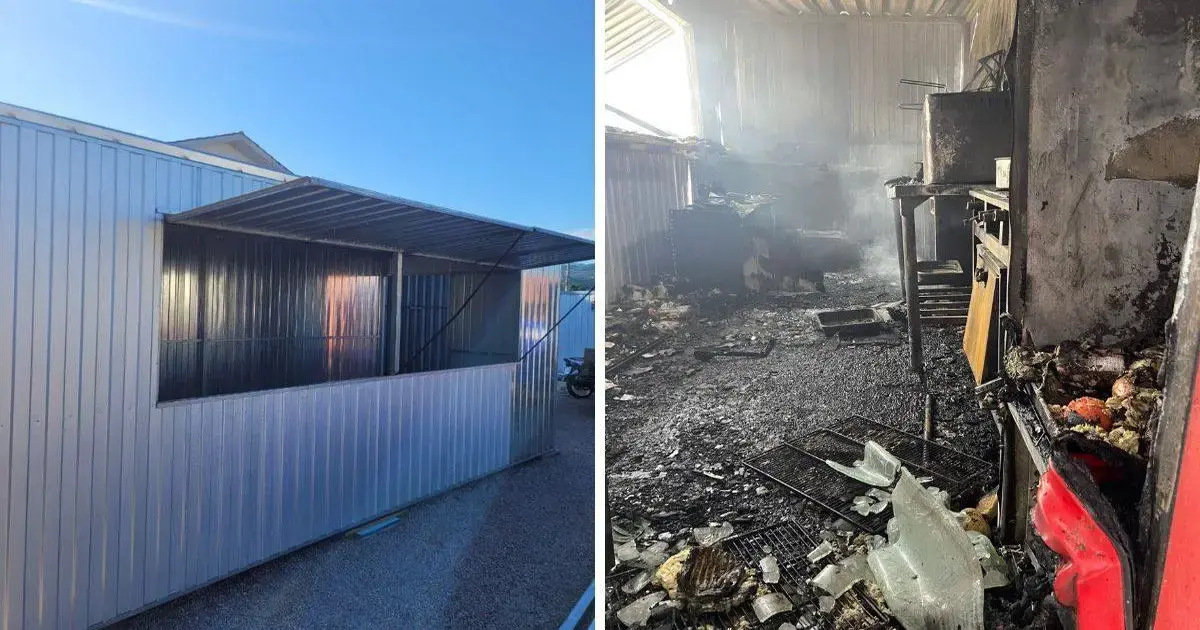 Incêndio destrói lanchonete recém-inaugurada em São José Imagem dividida em duas partes: à esquerda, a lanchonete intacta; à direita, interior danificado por incêndio com fumaça e restos queimados.