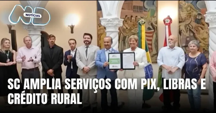 Grupo de pessoas em evento, com uma placa, e bandeiras do Brasil ao fundo, discutindo serviços com PIX e crédito rural.