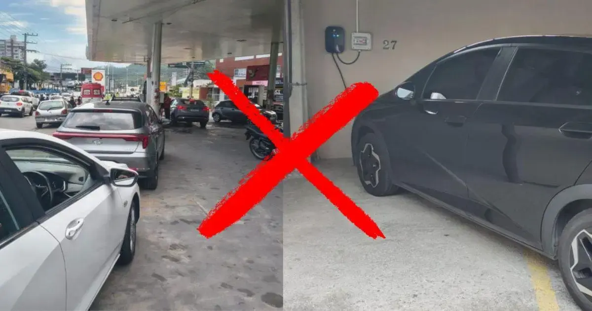 Imagem dividida: à esquerda, fila de carros em um posto de combustível; à direita, carro preto em garagem com carregador elétrico.
