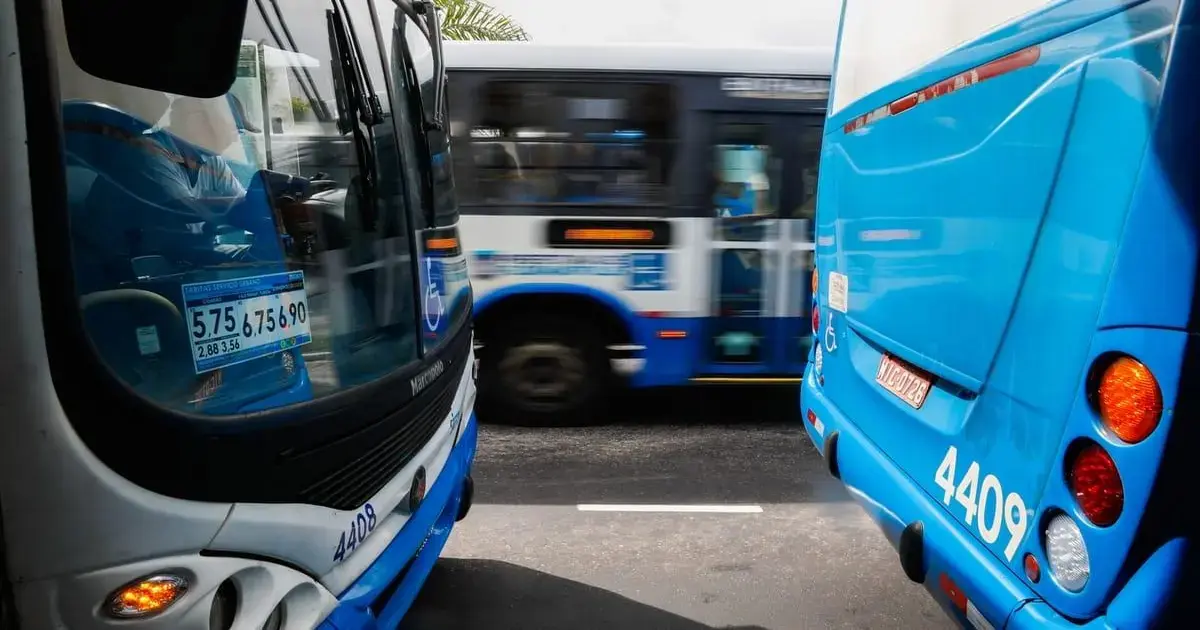 Dois ônibus azuis em movimento, um visível à esquerda e outro ao fundo, parcialmente embaçado.