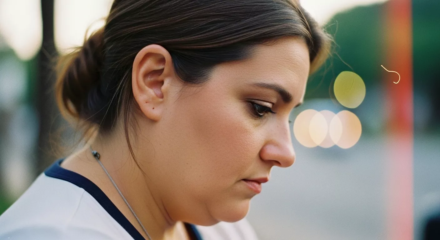 mulher branca de perfil com papada