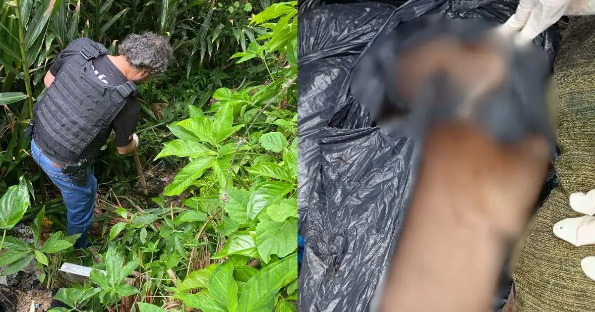 Homem com colete tático usando uma pá em área de vegetação densa; material negro visível ao lado.