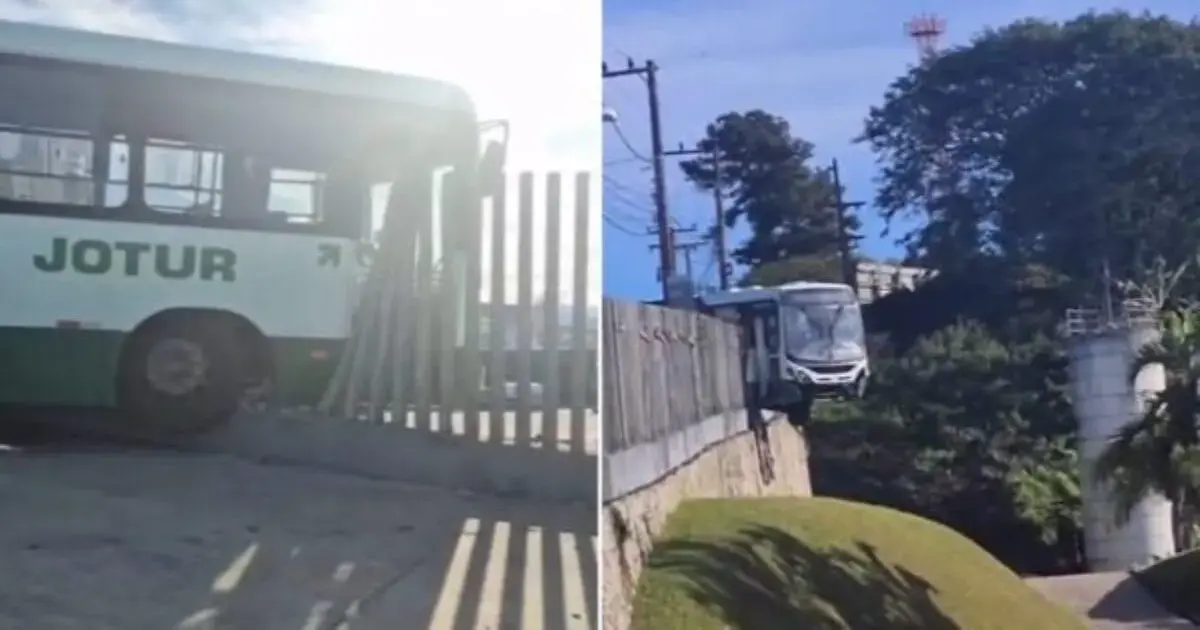 Ônibus pendurado em uma barreira lateral, com parte do veículo sobre um declive e vegetação ao fundo.