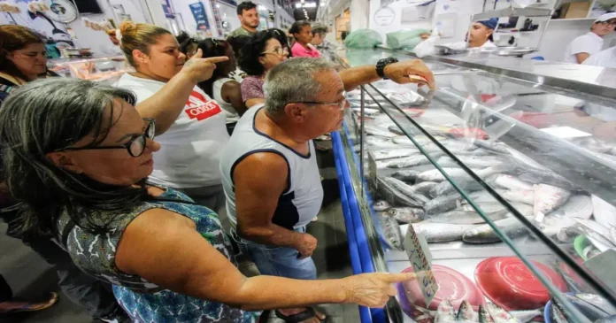 Grupo de pessoas observando peixes expostos em um balcão de peixaria.