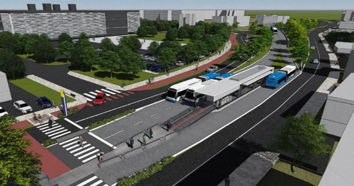 Prefeitura de Florianópolis recebe R$ 230 milhões para anel viário de BRT Ilustração de um projeto de anel viário com ônibus, calçadas, vegetação e infraestrutura urbana.