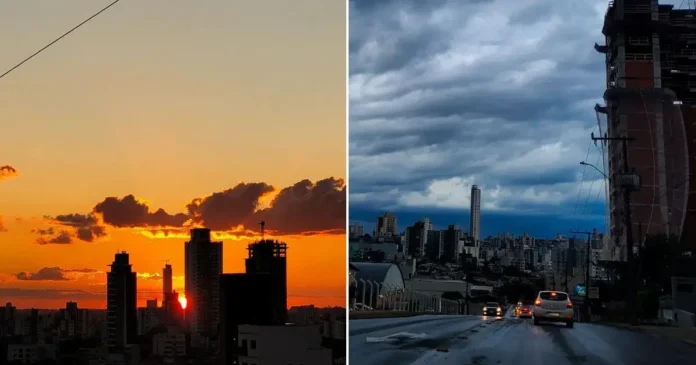 Cenário urbano dividido em duas partes: lado esquerdo com pôr do sol e nuvens, e direito com céu nublado e trânsito.