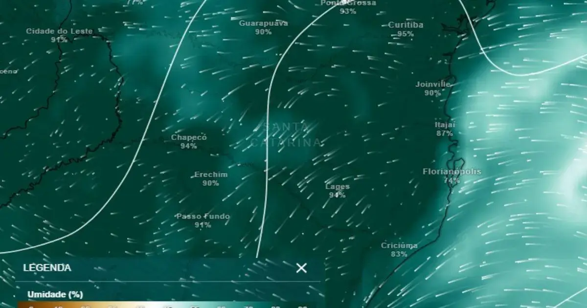 Mapa de umidade do ar em Santa Catarina, indicando percentuais em cidades e direção dos ventos.