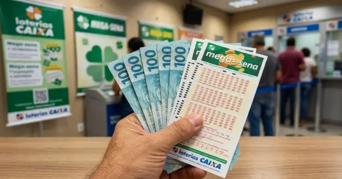 Notas de cem reais em mãos, segurando bilhetes da Mega-Sena em frente a um caixa eletrônico de loteria.
